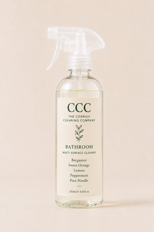 Plant-based bathroom cleaner by The Cornish Cleaning Company . Pure essential oils of bergamot, sweet orange, lemon, peppermint & pine needle. Vegan-certified, made in Cornwall.