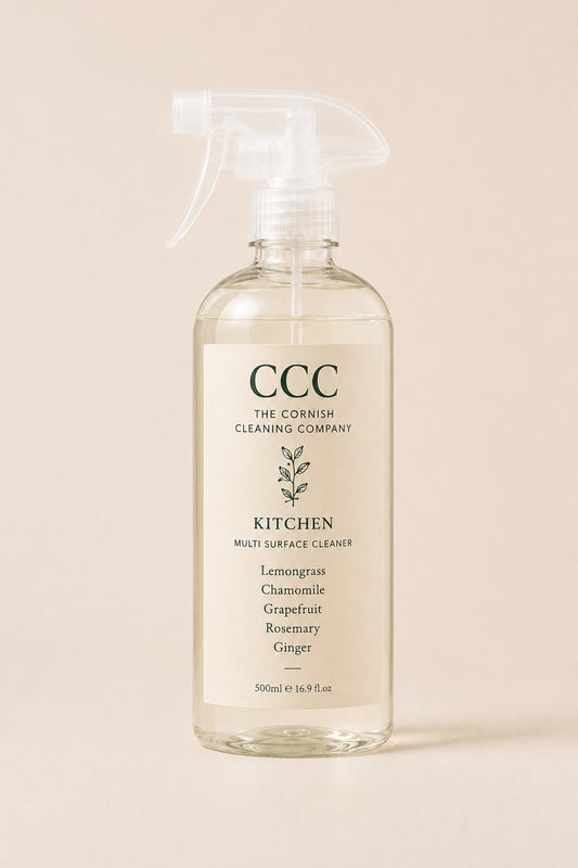 Plant-based kitchen cleaner by The Cornish Cleaning Company. Pure essential oils of lemongrass, chamomile, grapefruit, rosemary & ginger. Vegan-certified, made in Cornwall