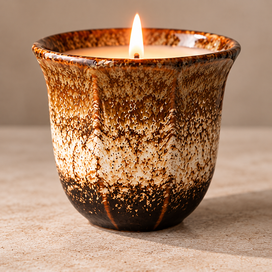 Unlit Amber candle in a brown and cream glazed ceramic vessel