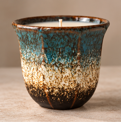 Unlit Dusk candle in a teal, cream and brown glazed ceramic vessel