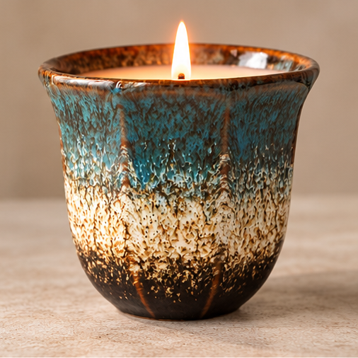 Dusk ceramic candle burning in a teal, cream and brown glazed vessel