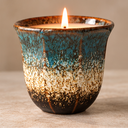 Dusk ceramic candle burning in a teal, cream and brown glazed vessel