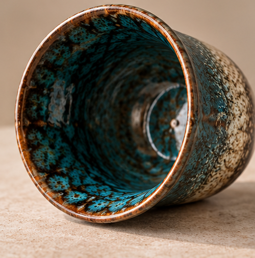 Empty Dusk ceramic vessel showing its teal glazed interior