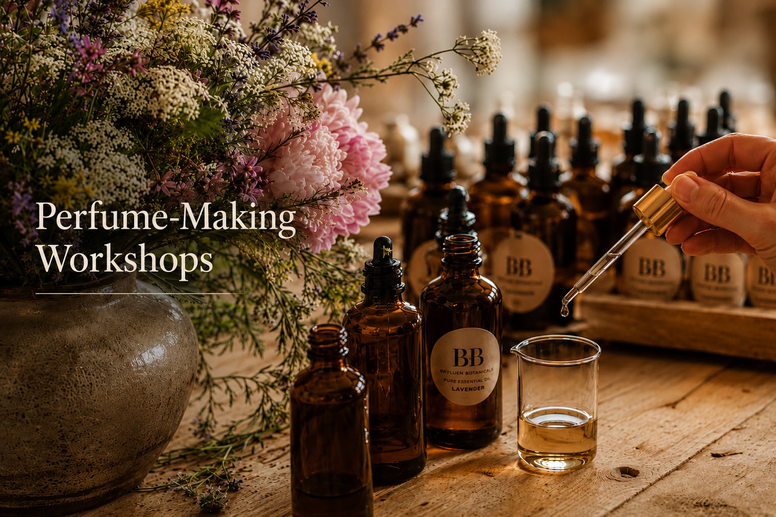 Bryluen Botanicals Perfume making workshop in St Ives Cornwall  setup with essential oil bottles , flowers, and a dropper on a wooden surface.