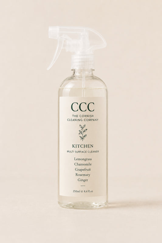 Plant-based kitchen cleaner by The Cornish Cleaning Company. Pure essential oils of lemongrass, chamomile, grapefruit, rosemary & ginger. Vegan-certified, made in Cornwall.