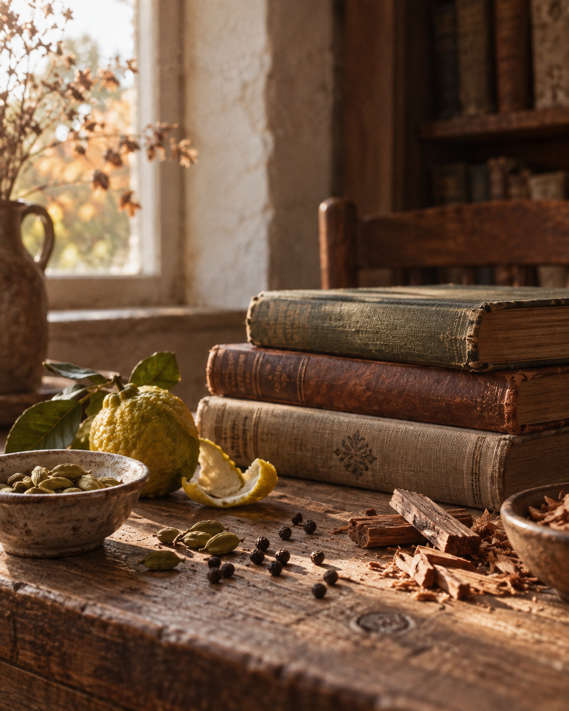Bergamot, cardamom, black pepper and sandalwood arranged beside antique books in warm autumn light