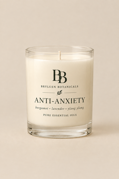Anti-Anxiety candle by Bryluen Botanicals in clear glass, unlit, with minimal transparent label