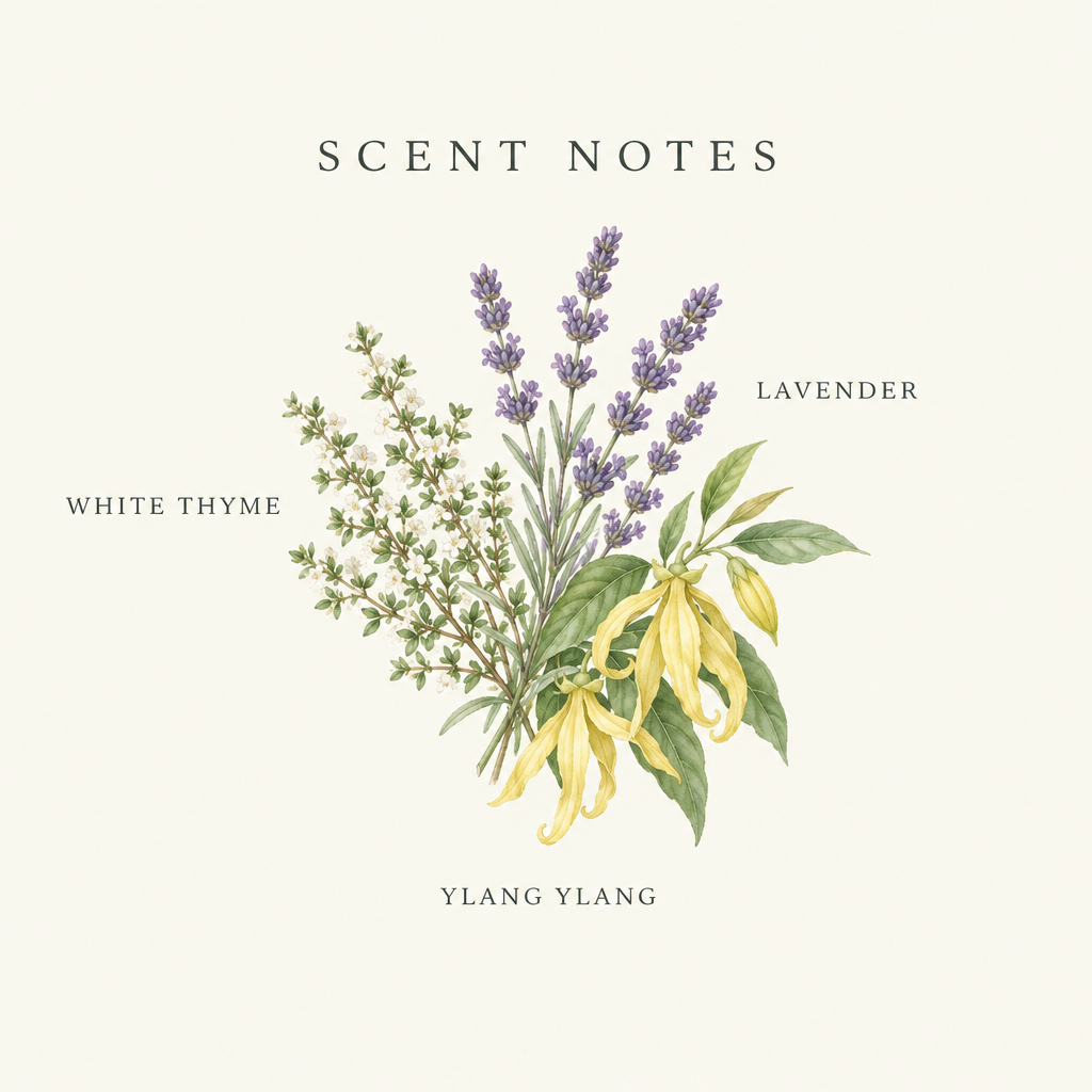 Meditation candle scent notes: white thyme, lavender and ylang ylang